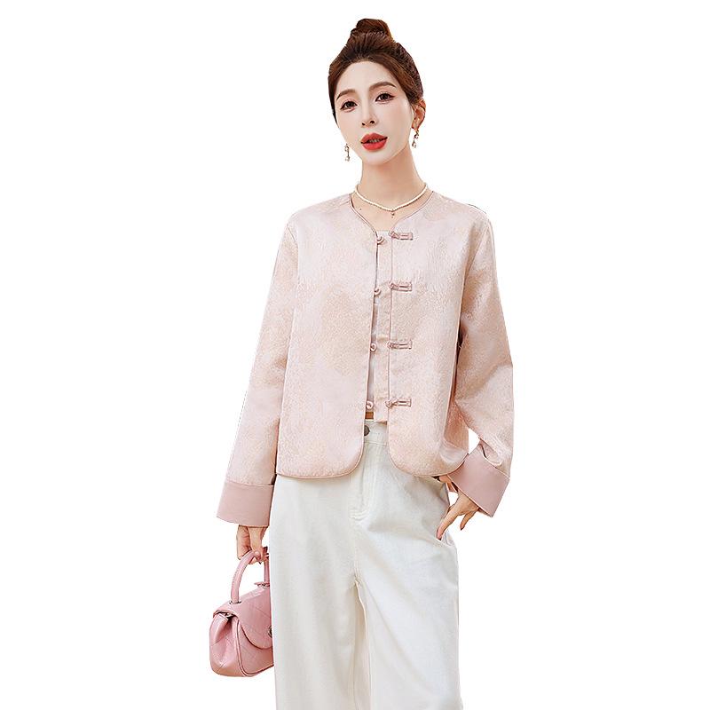 2025 Women's Spring Jacquard Color Block Retro Jacket with Frog Buttons