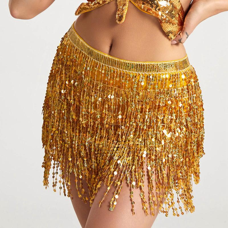 Latin Dance Hula Short Skirt Dress Stage Carnival Party Performance Hip Scarf Three-Layer Tassel Belly Dance Sequins Waist Chain