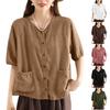 Women's Vintage Oversized Literary Cardigan Cotton-Linen Blend With Pockets Single Breasted Button Up Short Sleeve Top With Elegant Appeal