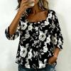 Women Square Neck Blouse White Black Ink Floral Print Ruffle Three Quarter Sleeve Shirt