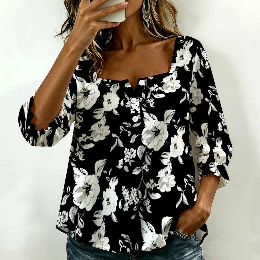 Women Square Neck Blouse White Black Ink Floral Print Ruffle Three Quarter Sleeve Shirt