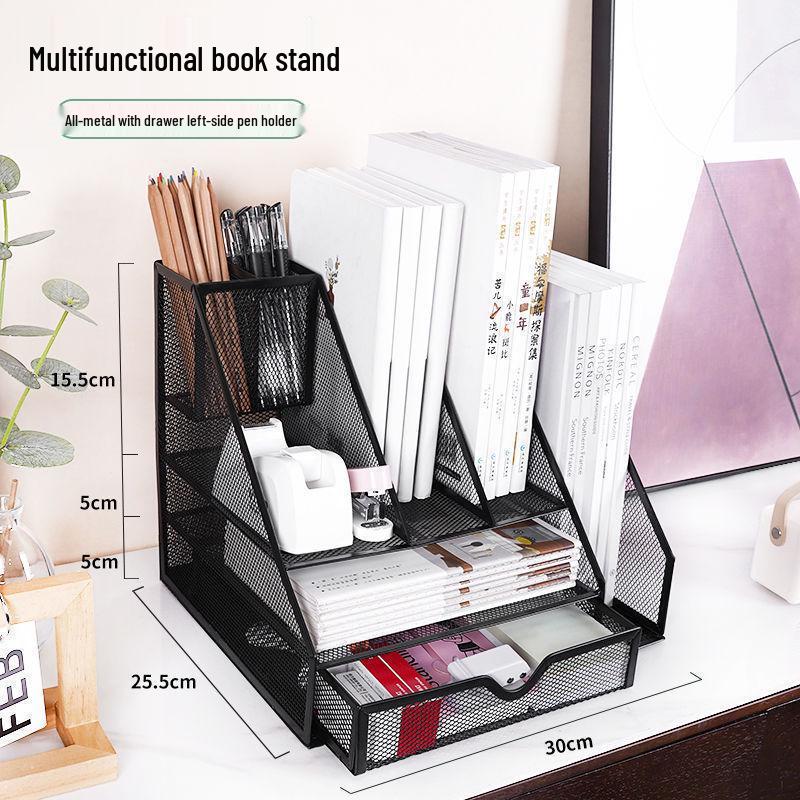 Wrought Iron Metal File & Pen Holder: Office File Rack & Bookshelf Organizer