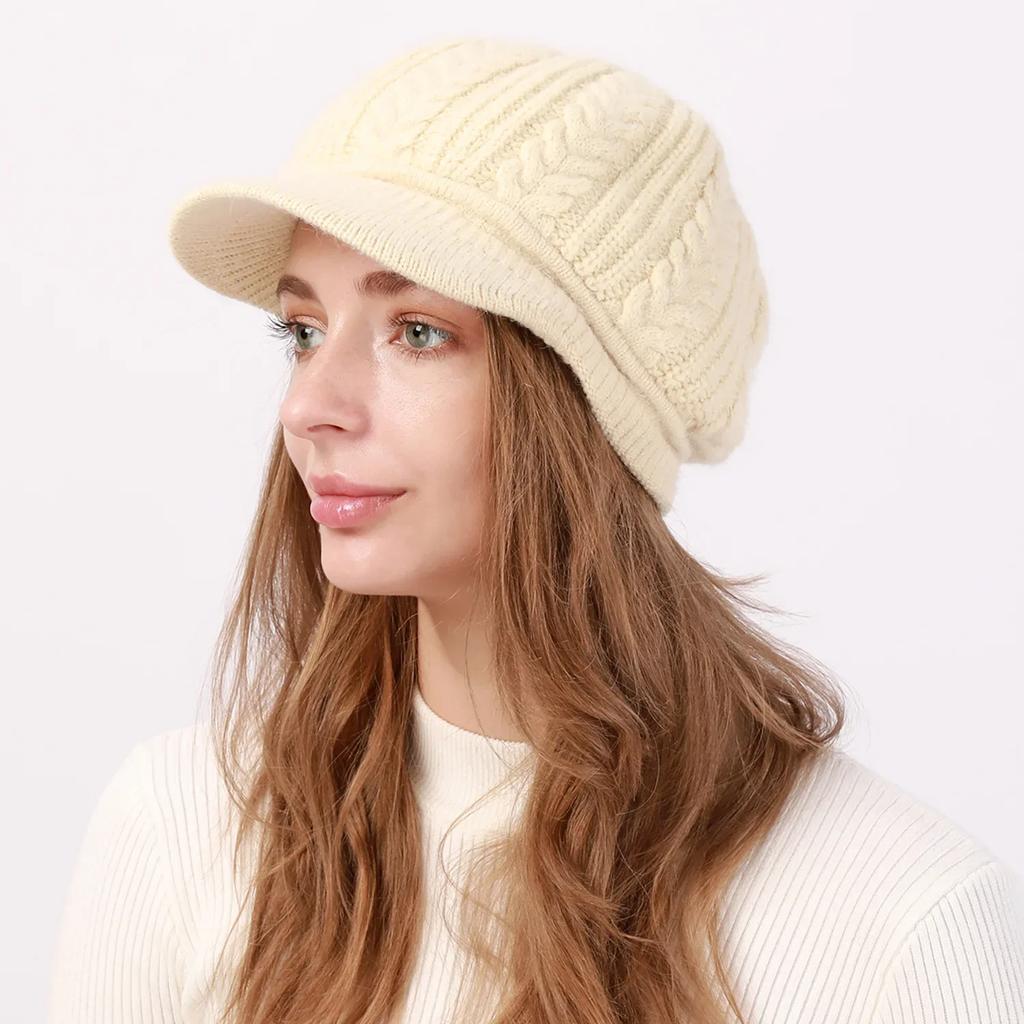 High Quality Wool Women Winter Warm Slouchy Cable Knit Beanie Skull Beret Hat With Visor Outdoor Thicken Lady Bonnet Gorros