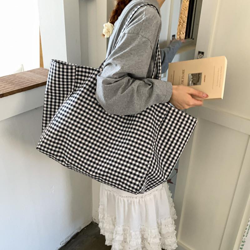 Pattern Checkered Simple Large Capacity Women Casual Canvas Tote Bag Daily For