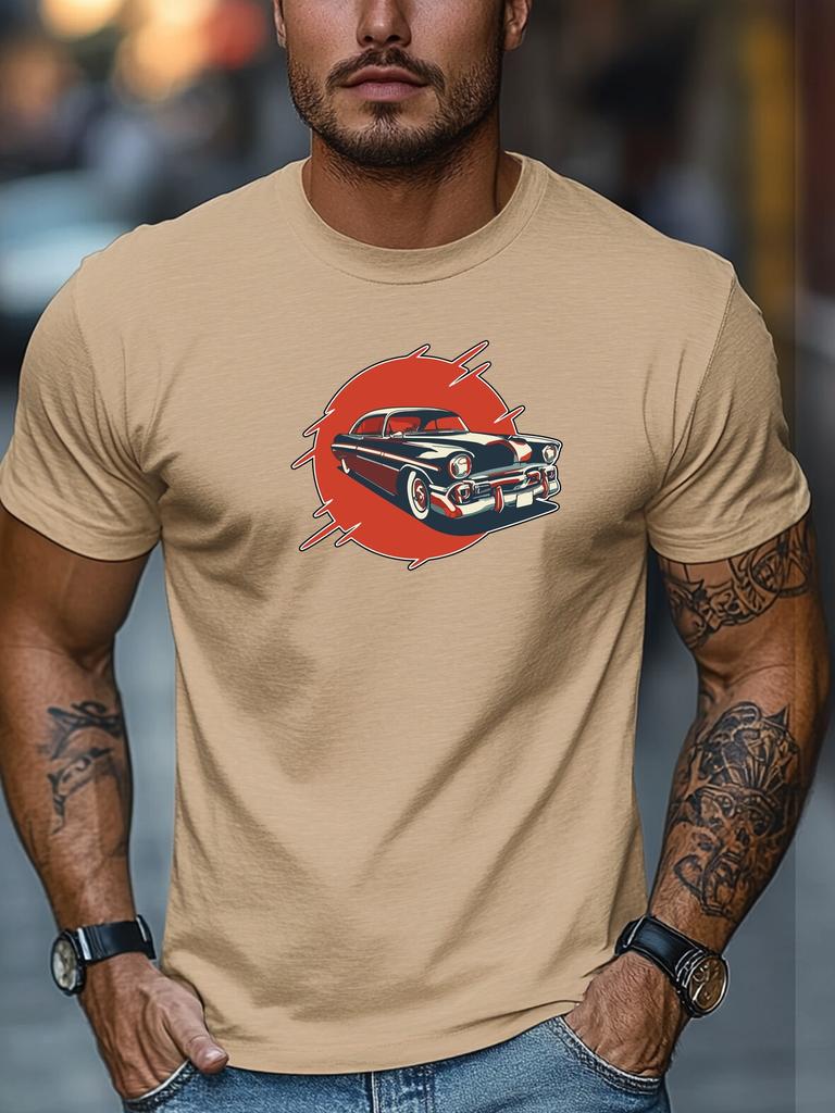 Mens Summer Retro TShirt Vintage Car Red Sun Print Short Sleeve Round Neck Breathable Oversized Classic Daily Wear