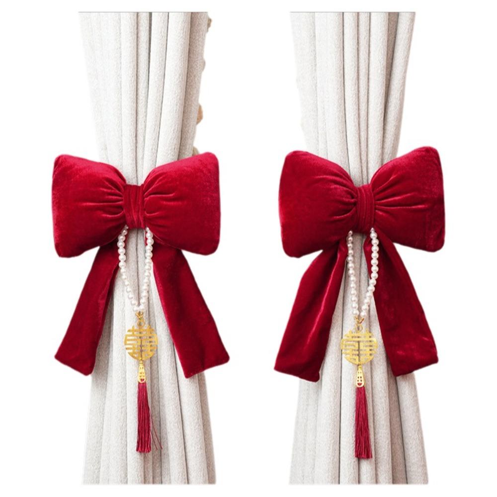 

Velvet Bow Curtain Straps Romantic Adjustable Mosquito Net Tie Red with Tassels Window Curtain Holders Newlywed Theme