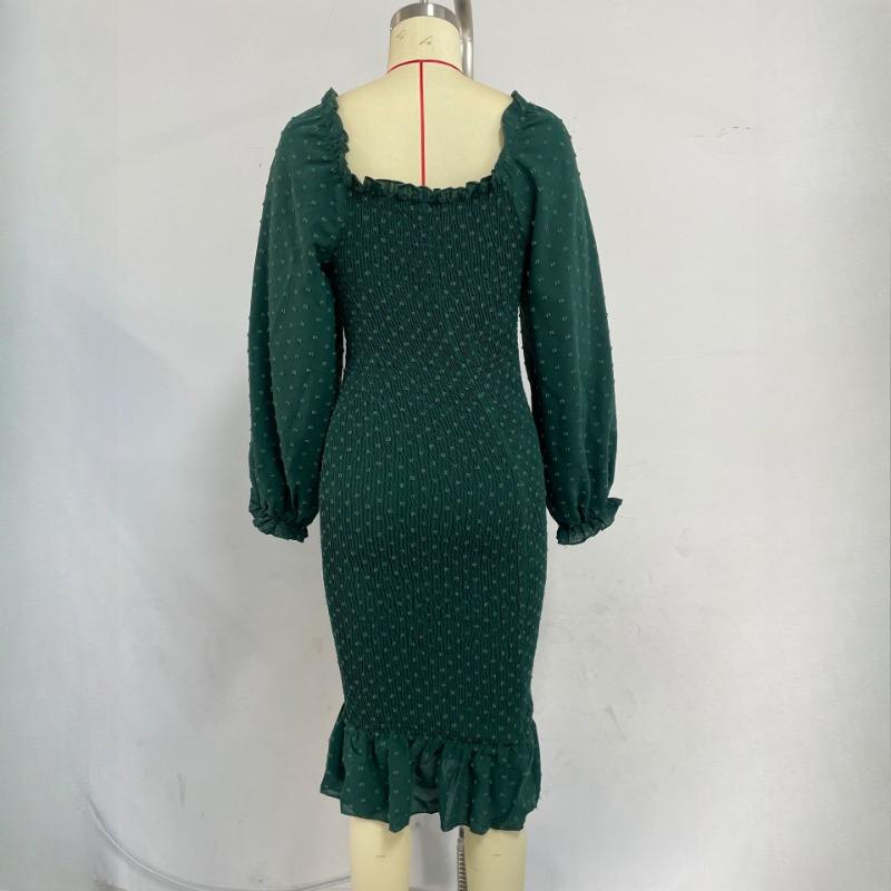 GMXIA Temperament and Elegance of Pure Colour Wooden Ear Edge Long-sleeved Dress Slim Square Neck Package Hip Fishtail Dress Medium-length Models
