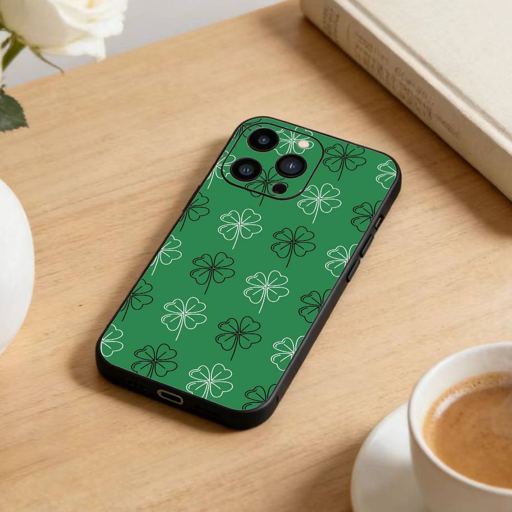 Lucky-Four-leaf Clover Phone Case For iPhone 17 16 15 14 13 12 Max Plus Silicone Black Cover