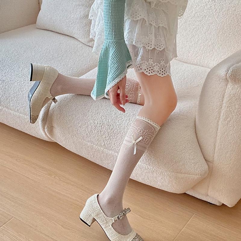 Fishnet Knee Highs Socks Meshes Socks Sweet Bowknot Tie Fishnets Tights Cosplays Costumes Sweet Tube Socks Stockings
