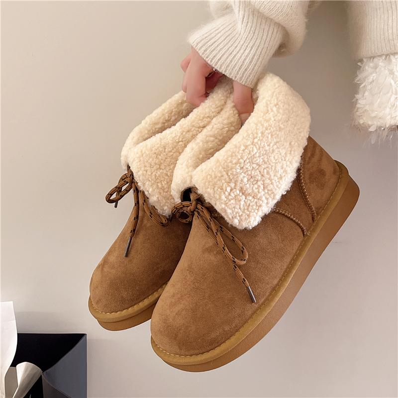 Flip Plush Flat Snow Boots Winter New Round Toe Socket Bow Warm Non-Slip Cotton Boots
