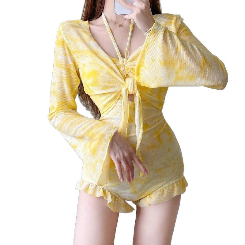 2025 Stylish Smudge-Print Whitening Swimwear: Women's Long-Sleeve, One-Piece, Two-Piece & Blouse for Sun Protection, Students, Hot Springs, Summer