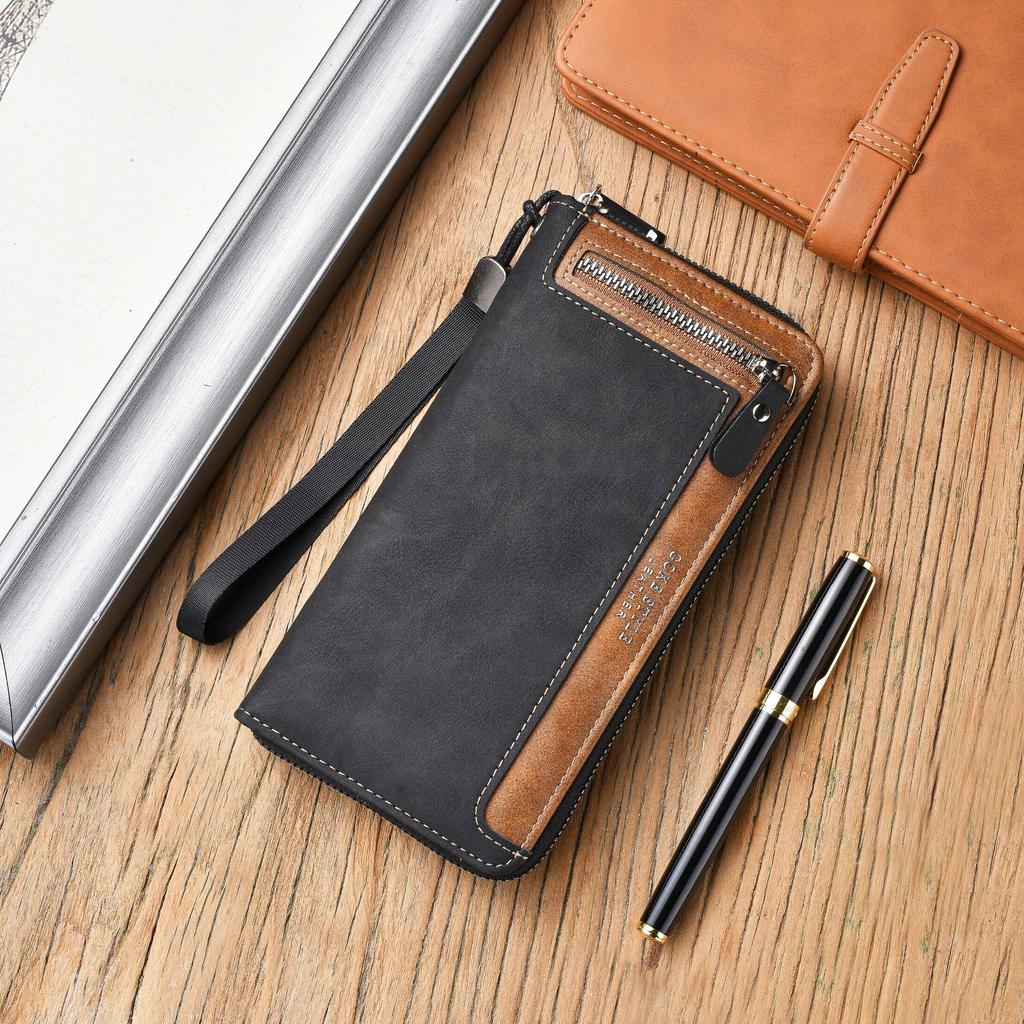 Portafoglio da Uomo Retro Lungo Grande Capacità Pelle Nabuk Fermasoldi Multi Posizione per Carte Borsa con Cerniera Borsa per ID Portamonete Multifunzionale