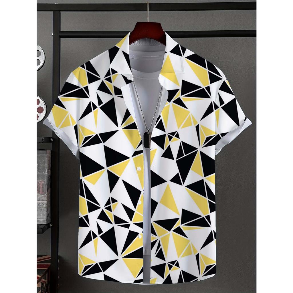 Men's Shirt with Novel Striped Patchwork Pattern Button Up Shirt, Fashionable Unisex Shirt, Vacation Collar Short Sleeved Shirt