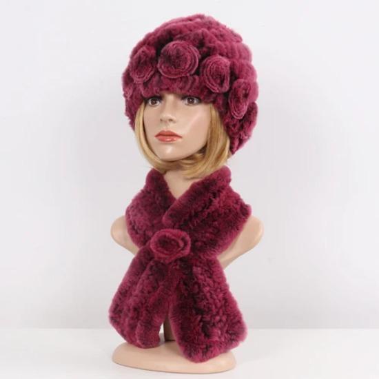 Hot Sale Lady Natural Fur Hats Scarves Sets Women Winter Knit Real Rex Rabbit Fur Hats Muffle 2 Pieces Real Fur Hat Scarf