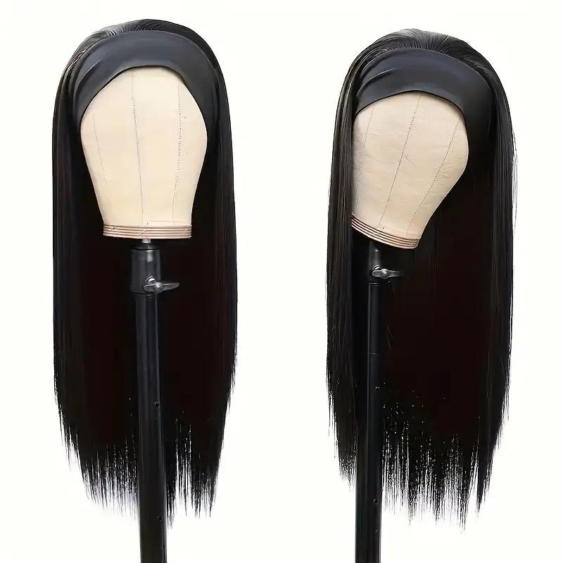 Meier Women's headscarf wig black ice silk headband long straight hair wig headwear