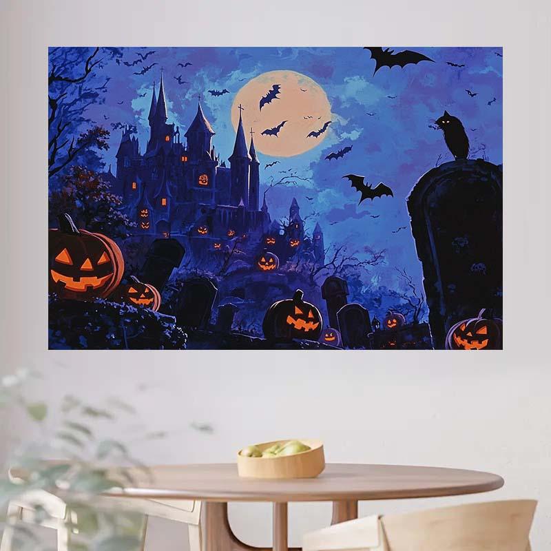 Horror Halloween Background Cloth - Gothic Castle  Full Moon  Flying Bat  Jack Pumpkin Lantern - No Electricity Required
