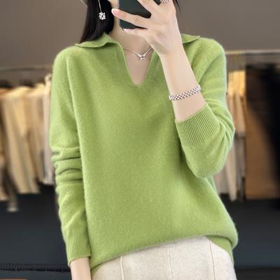 Tops Women's Lapel Polo Knitted New Pullover Sweater Trendy Casual Long-sleeved Pure Wool Sweater One-line Collar Ready-to-wear