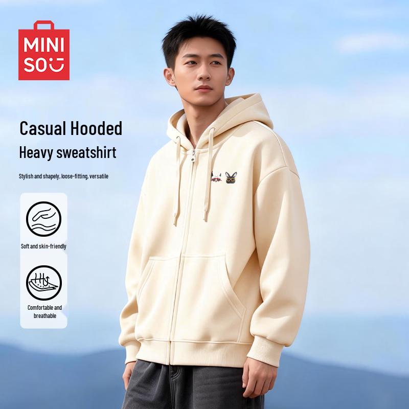 MINISO Men s Playful Cat Graphic Heavyweight Zip Hoodie M