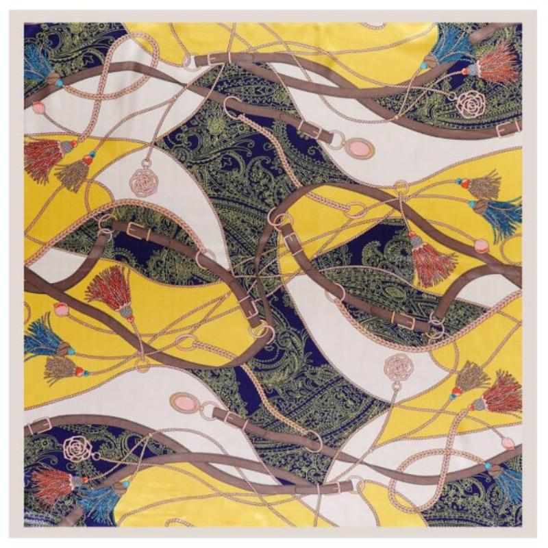 90x90cm Silk Scarf Women Belt and Rope Design Foulard Luxury Brand Neckerchief Square Scarf Female Bandana Office Lady Headband