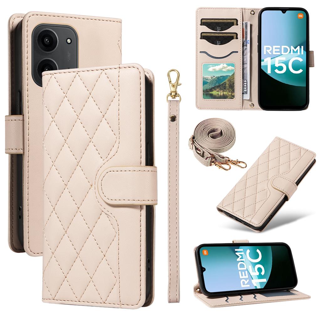 For Xiaomi Redmi 15C 4G (173mm) Wallet Case Rhombus Leather Phone Cover with Strap