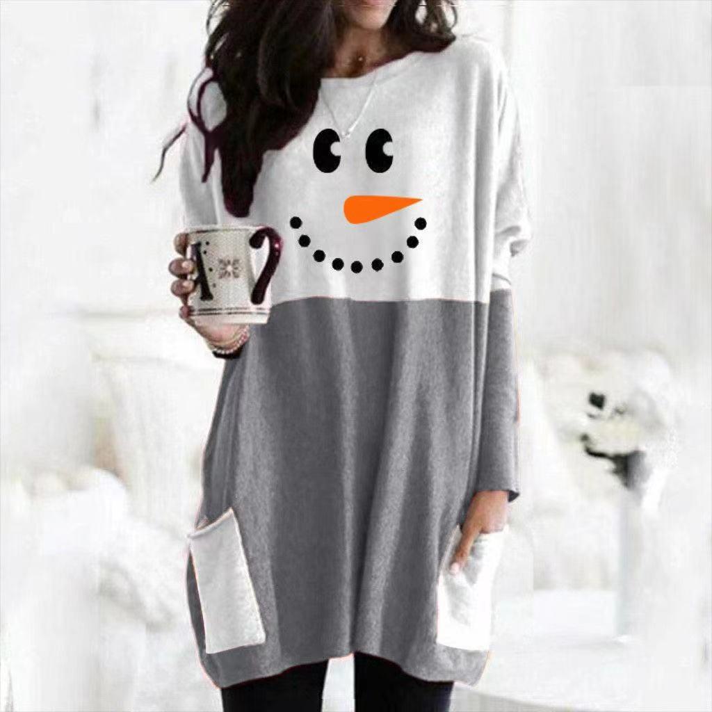 Snowman Print Long-Sleeved T-Shirt Dress for Autumn/Winter 2023