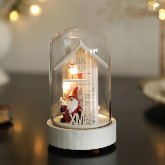 Christmas Figures In Glass Dome Tabletop Decoration LED Light Up Christmas Cloche Ornaments for Indoor Home Tabletop Decor