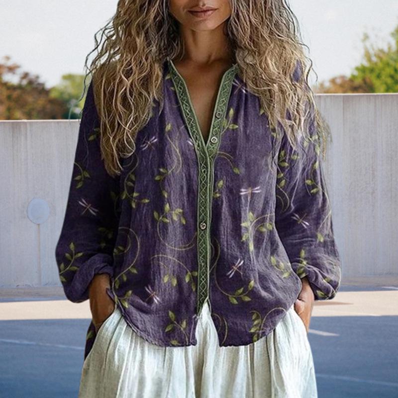 2025 Vintage Purple Floral Print Stand Collar Long Sleeve Top