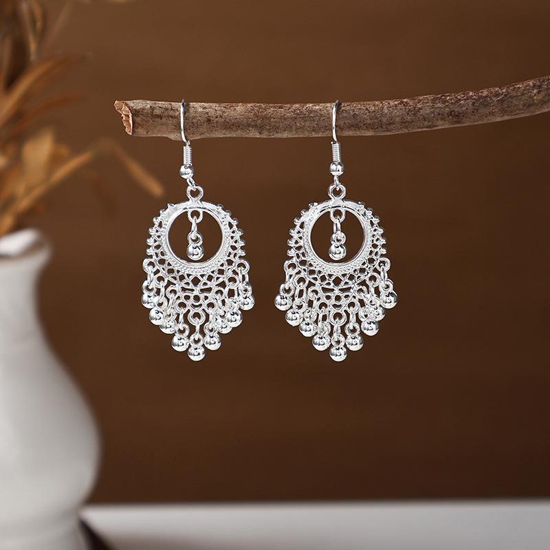 Ethnic Miao Silver Tassel Earrings - Retro Long Dangle Scenic Studs for Women