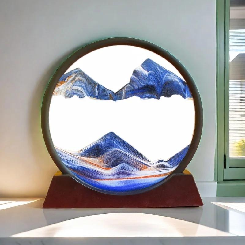 

Песочные часы с движущимся песком 3D - Круглые стеклянные песочные часы с глубоким морским пейзажем для украшения офиса и дома, зыбучие пески, текучая живопись синий