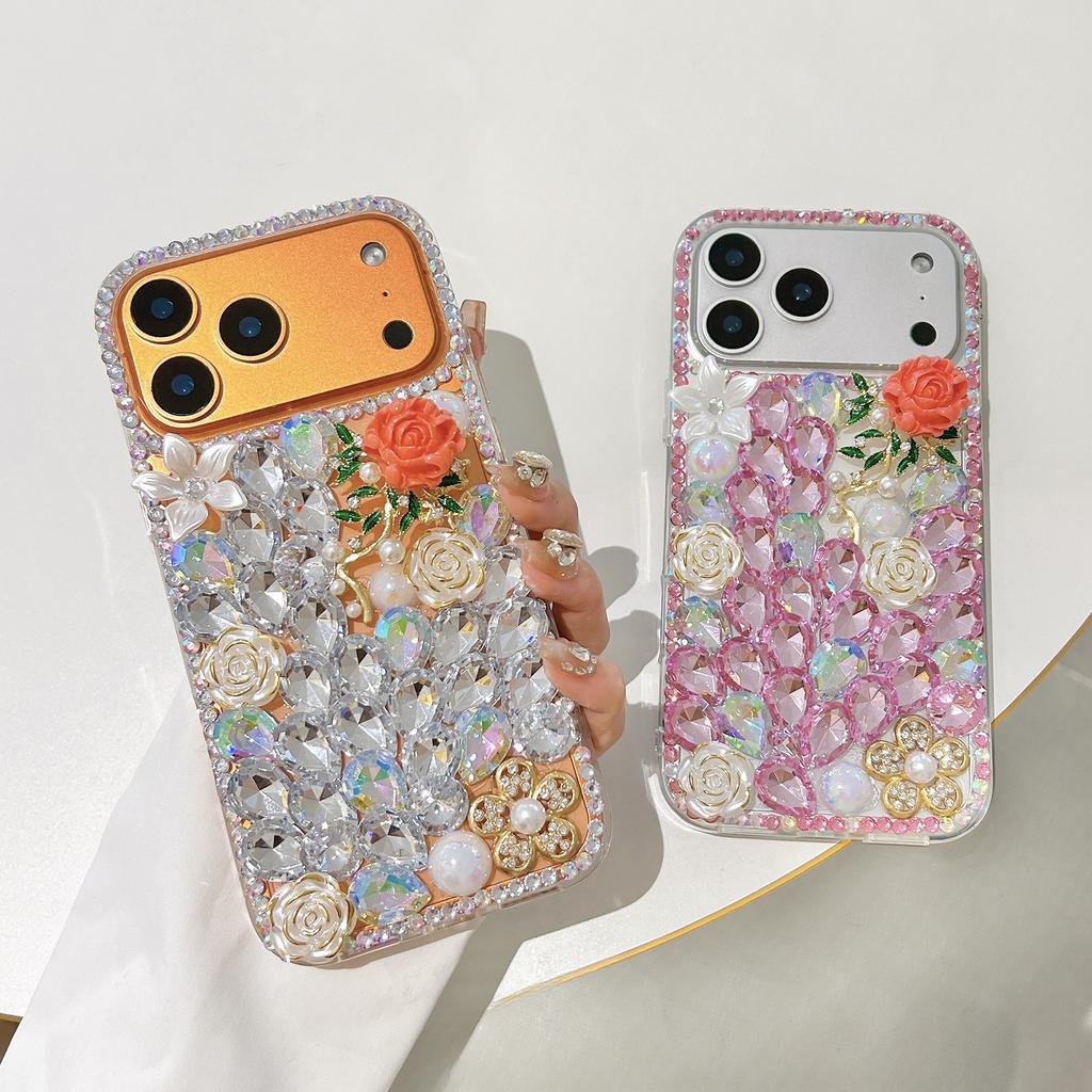 Luxury 3D Bling Rhinestone Floral Phone Case For iPhone 17 16 15 14 13 12 11 Pro Max Air mini 16e 8 7 Plus X XS XR, Crystal Diamond Rose Glitter Cover