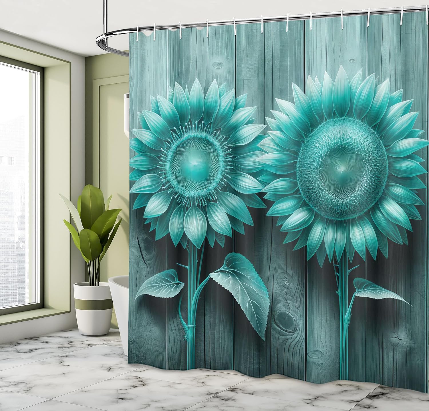 

Teal Shower Curtain, Abstract Colored Bold Sunflowers on Rustic Backdrop Modern Farmhouse Themed, Cloth Fabric Bathroo 90x180cm