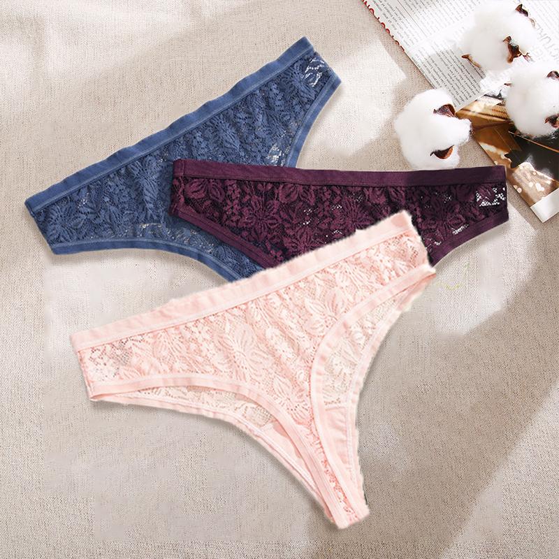 3Pcs/Set Women Sexy Lace Panties Lingerie Floral Sexy Low Waist Deep Color Thongs Ladies Underwear Fashion Soft Underpants S-XL