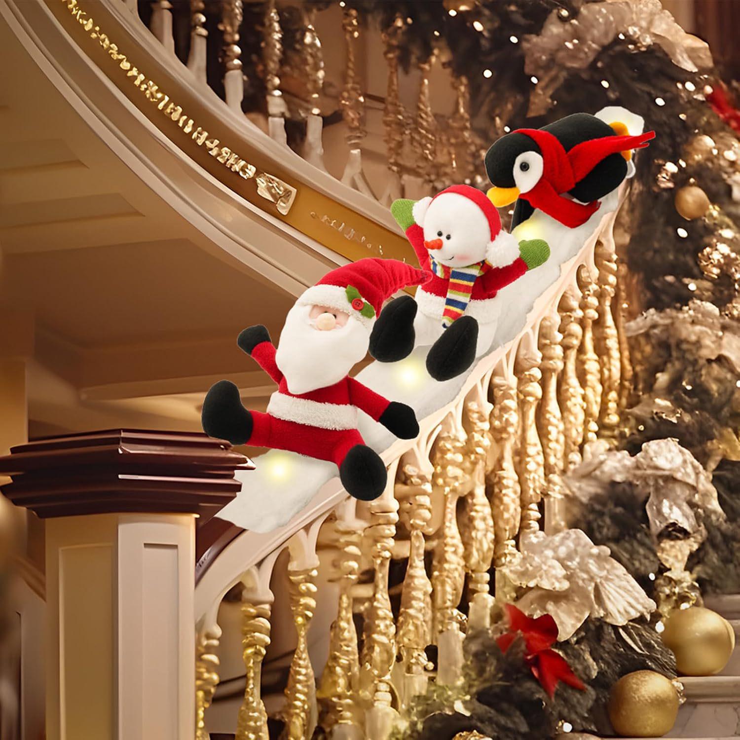 Christmas Holiday Plush Doll Stair Handrail Décor: Penguin, Snowman, Santa Claus Slide Fabric