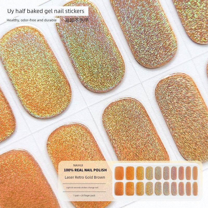 

[Ins Pop Laser Nail Stickers] Metallic Gel Phototherapy Paste Classy Semi-Cured Semi-Baked Nail Sticker White Laser-Retro Golden Brown [20 finger light]]