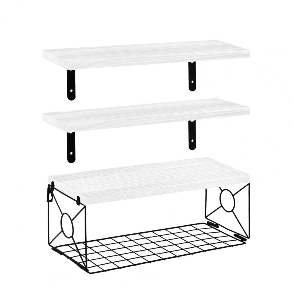 Wall Mounted Shelf Rustic Wooden Bathroom Wall Shelf with Metal Basket Over Toilet Floating Storage Organizer Rack for Home