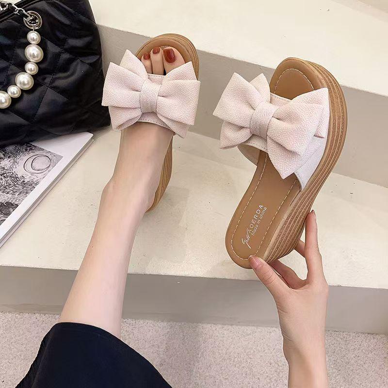 Women's Summer New Wedges Bow Outdoor Slippers Thick Sole Non Slip Lightweight Home Slippers Outdoor High Heel Slippers Sandals