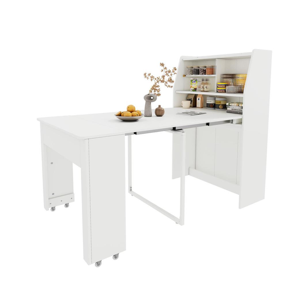 Extendable Dining Table, L52/132.5xW80xH76cm, One-Way Extending, Storage Cabinet, Rectangular, Coffee Lounge, Space-Saving Multifunctional, White