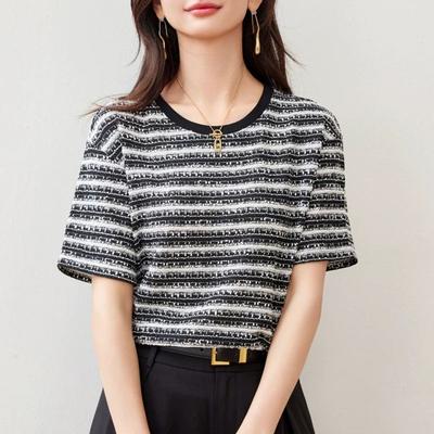 Temperment Jacquard Texture Women's Short Sleeved All Match T-shirt Summer Versatile Thin Round Neck Street Casual Tops