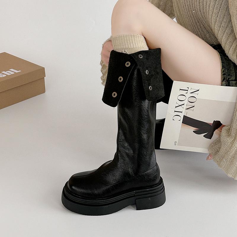 Retro style two wear folded thick-soled knight boots women's 2025 new autumn and winter fashion thick heel and thin knee boots