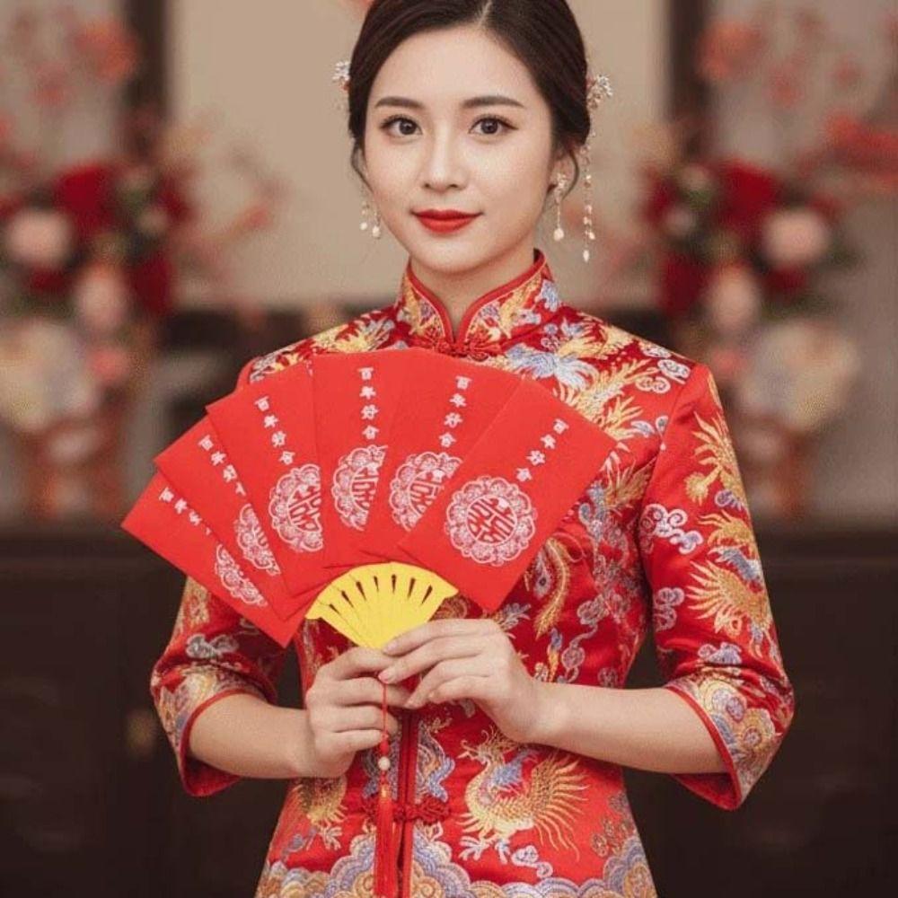 Traditional Fan Design Red Envelope with Chinese Knot Tassel Wedding Money Bag Bonus Paper Hongbao Lucky Money Packet Birthday