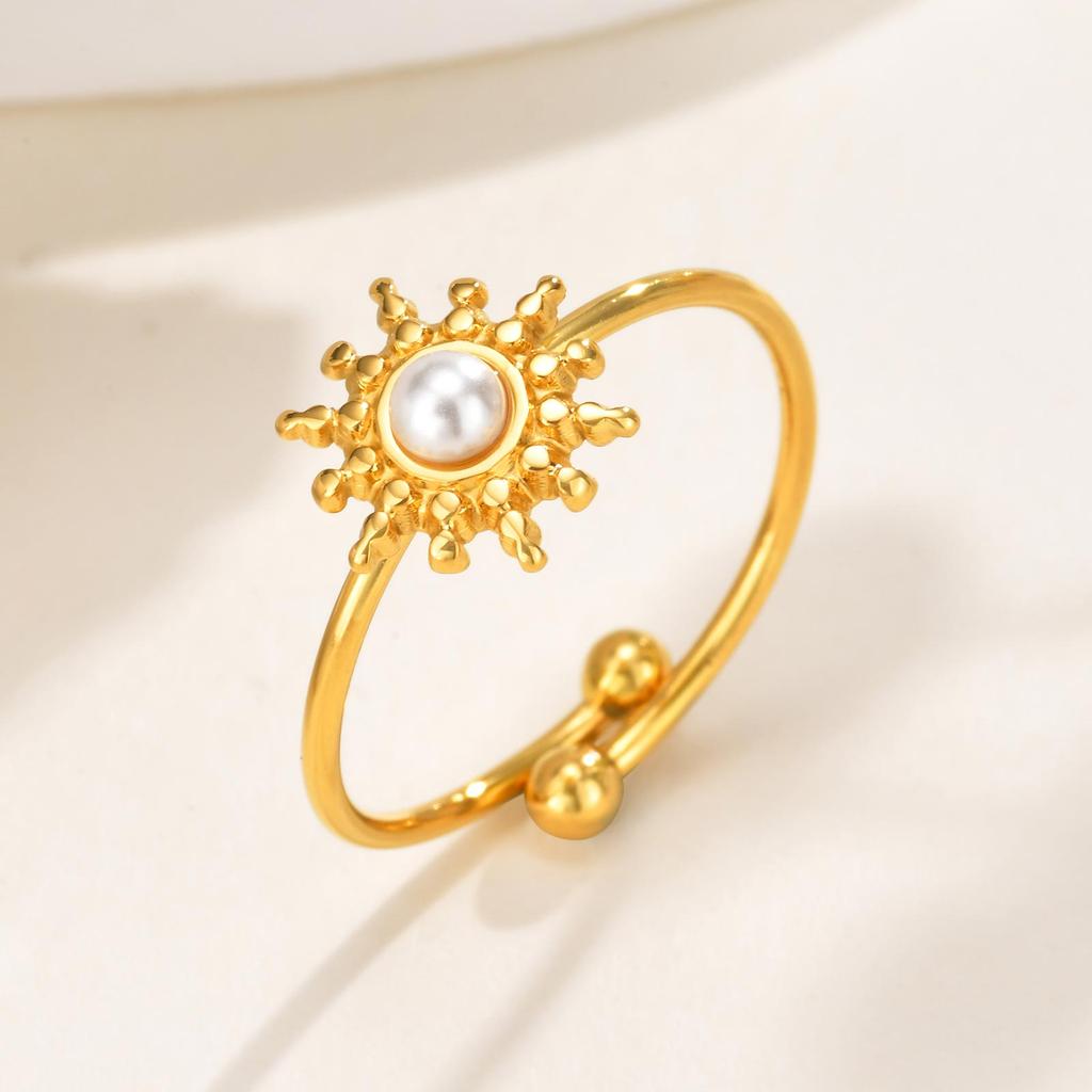 Waterproof Sun Shaped Nature Opal Stone Ring for Women, Stainless Steel Gold Plated Adjustable Finger Ring, Vintage Chic Jewelry