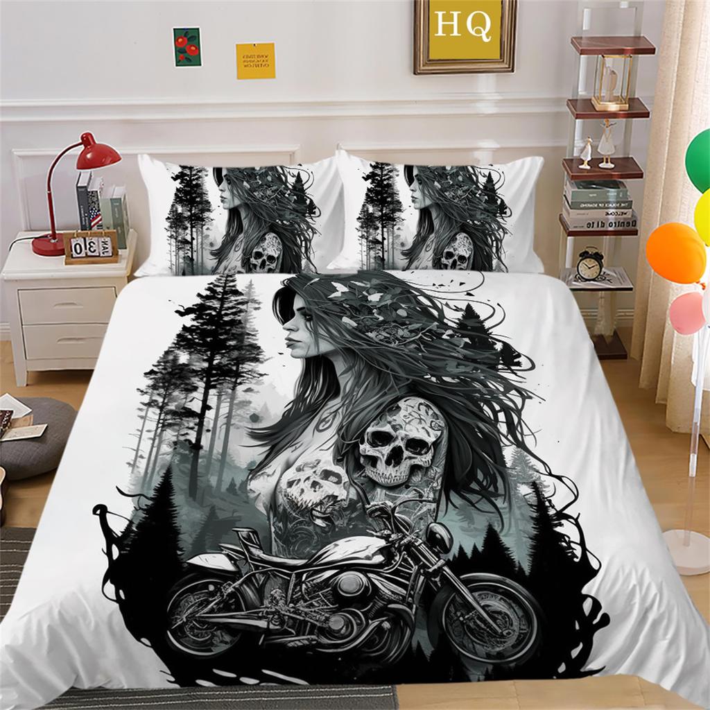 3D Beauty Skull Head Bedding Set Motorcycle Beauty Print Bedroom Decoration Quilt Cover and Pillow Cover 2/3 Pieces White Background Home Decoration