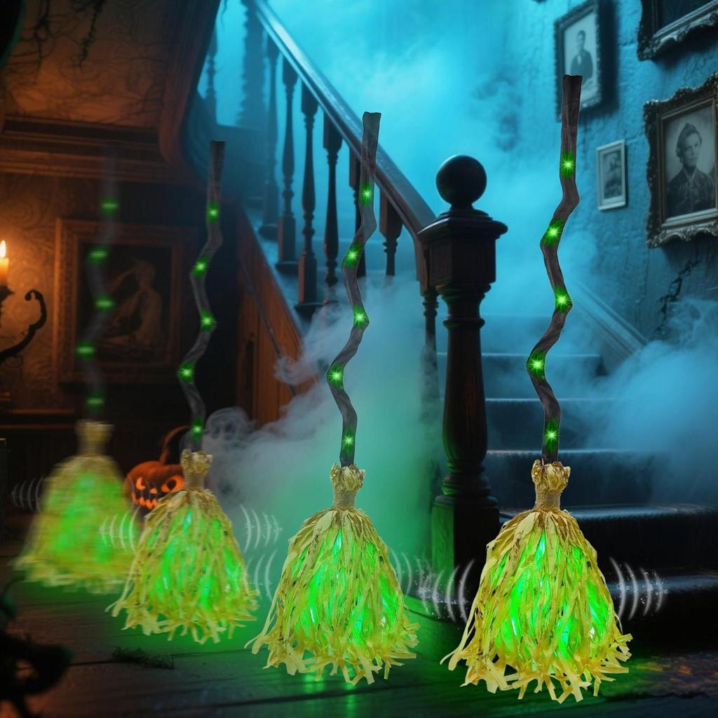 Halloween Broom Decor Green Led Witches Broom Decor for Halloween Lighted Prop Supplies Spooky Decorations for Patio Outside