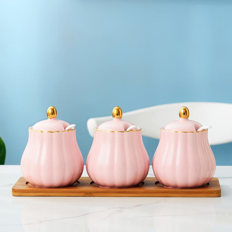 Creative Kitchen Ceramic Seasoning Jar Three-piece Seasoning Jar Seasoning Box Combination Salt Jar Chili Oil Cans Household