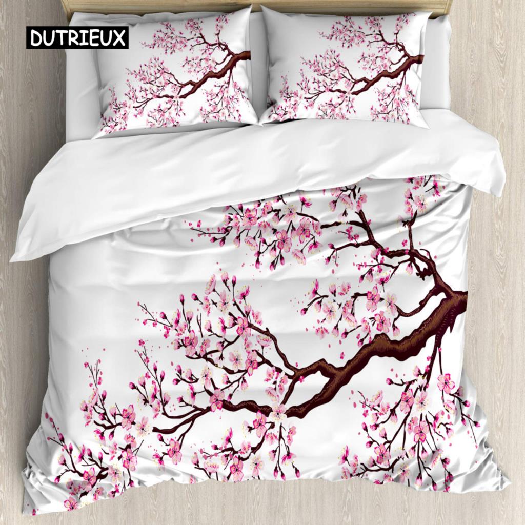Japanese Duvet Cover Set Simplistic Cherry Blossom Tree Botanic Themed Pattern Fresh Organic Lines Bedding Set for Kids Girls