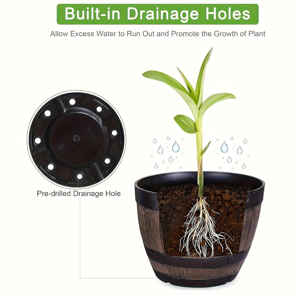 2pcs A Set of Retro Barrel Flower Pots with Tray - One Base + One Pot, Striped Plastic Flower Pot with Drainage Holes, Suitable for Indoor and Outdoor