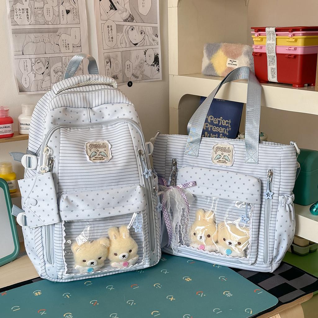 Schoolbag Japanese and Korean striped stars casual backpack women's large capacity lightweight student schoolbag high value sweet versatile backpack