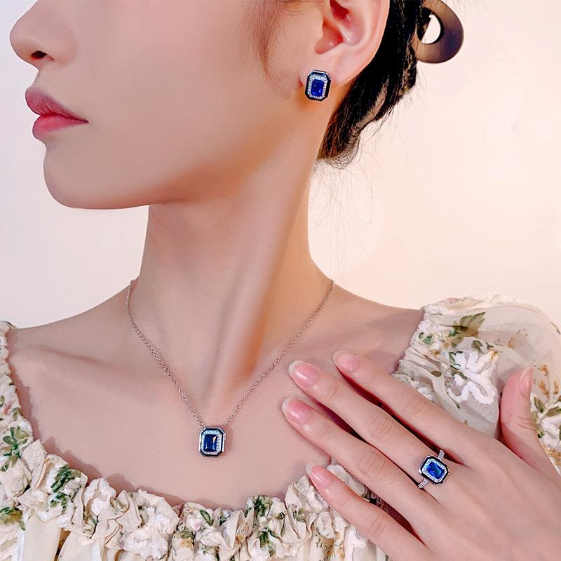 Jewelry Copper Bottom Gold-Plated Retro Simulation Blue Spinel Square Diamond Simple Wind Suit Female 6 * 8-5 * 7