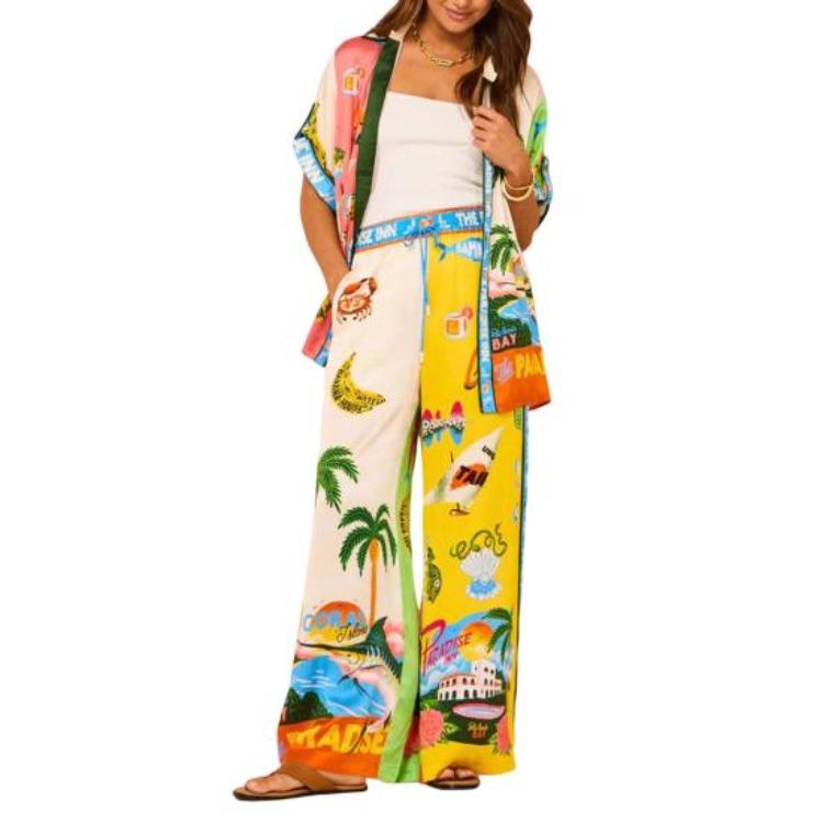Hawaii Vacation Set Women Short Sleeve Lapel Top Colorful Print Shirt Pants Outfit 2 Pcs