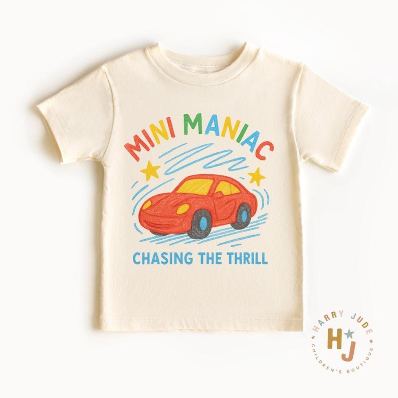 Mini Maniac Toddler Tee - Crayon Race Car Graphic T-Shirt - Funny Toddler Tee - Toy Car Shirt for Boys - Wild Child Shirt - Car Lover Tee 100